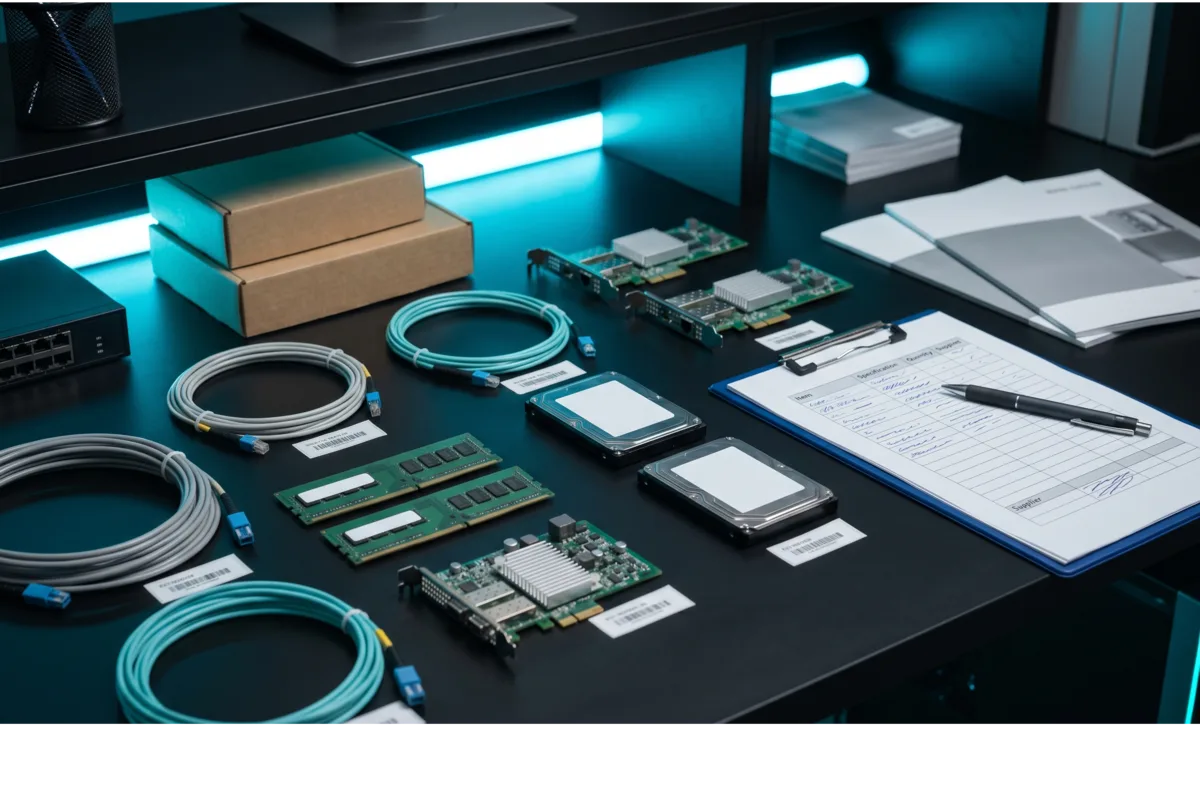 Hardware sourcing workspace with memory modules, network cards, cables, drives, and an infrastructure checklist