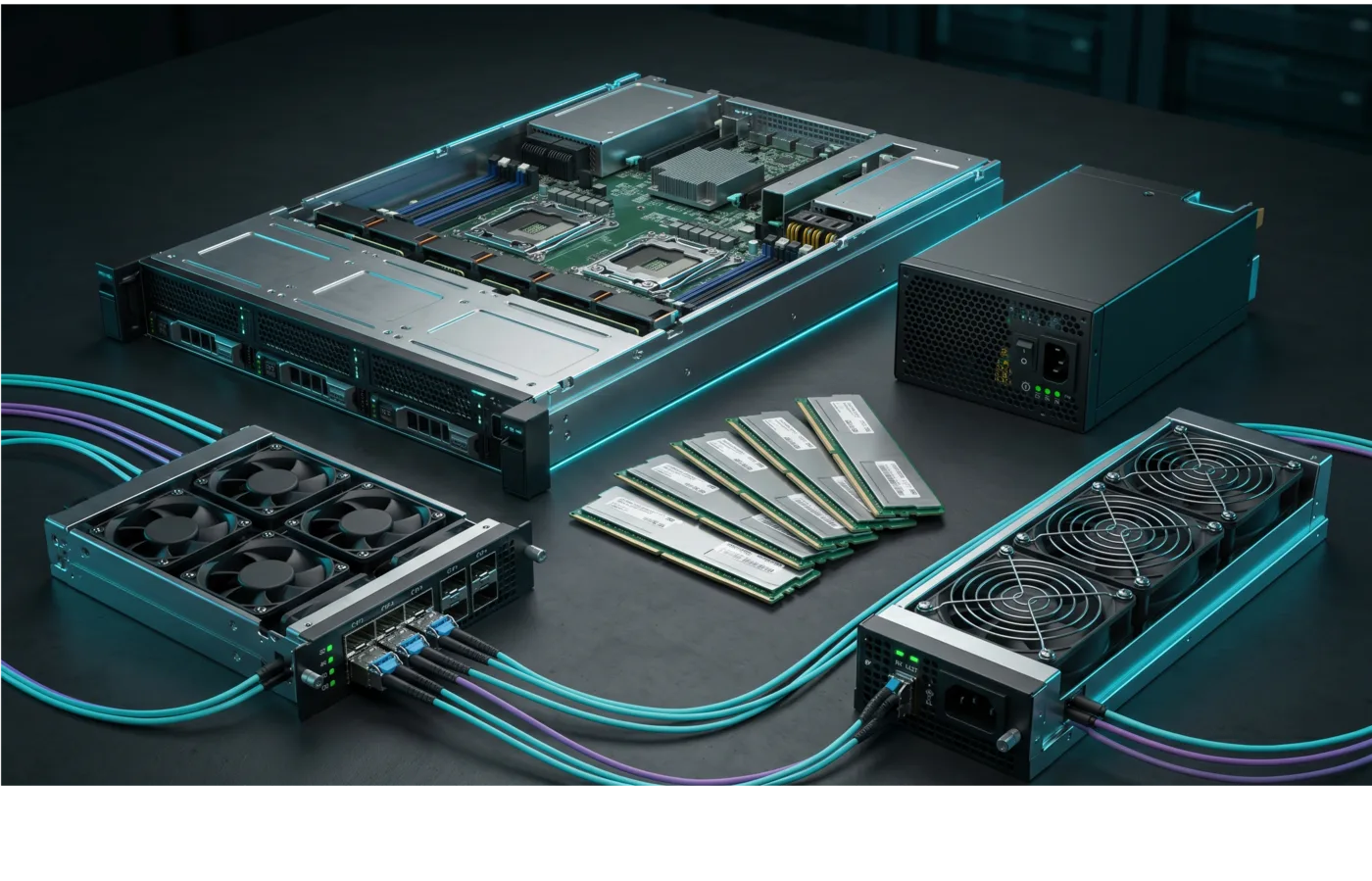 Enterprise server components including memory modules, networking equipment, power supplies, and cooling hardware